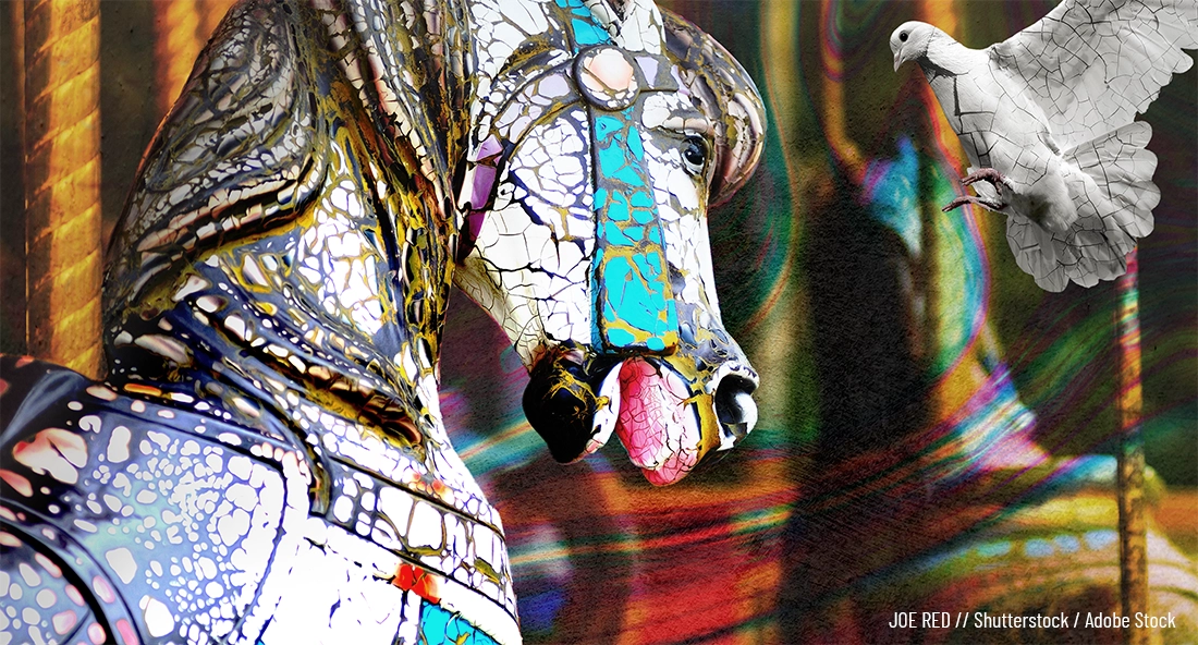 A weathered merry-go-round pony with cracked paint gazes wildly up at a similarly-cracked dove, the rest of the carnival ride blurred behind a trippy, psychedelic haze.