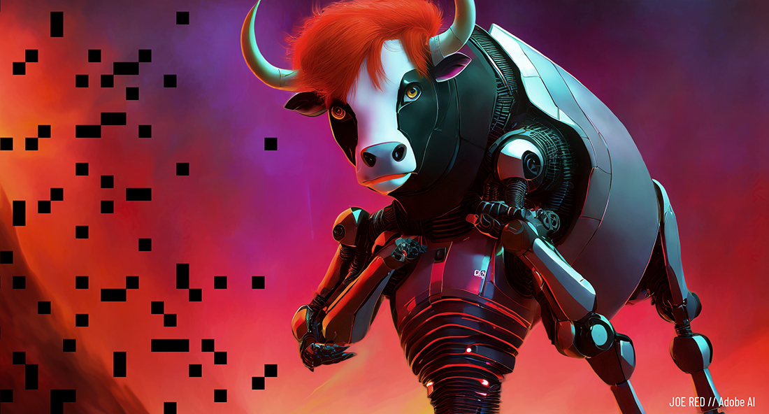 Against a vivid purple and red sky, a dark metal humanoid robot carries a large bright-red haired robotic black bull with a white face over its left shoulder, holding the bull's front hooves in its hands and the bull's back legs dangle in the air behind.